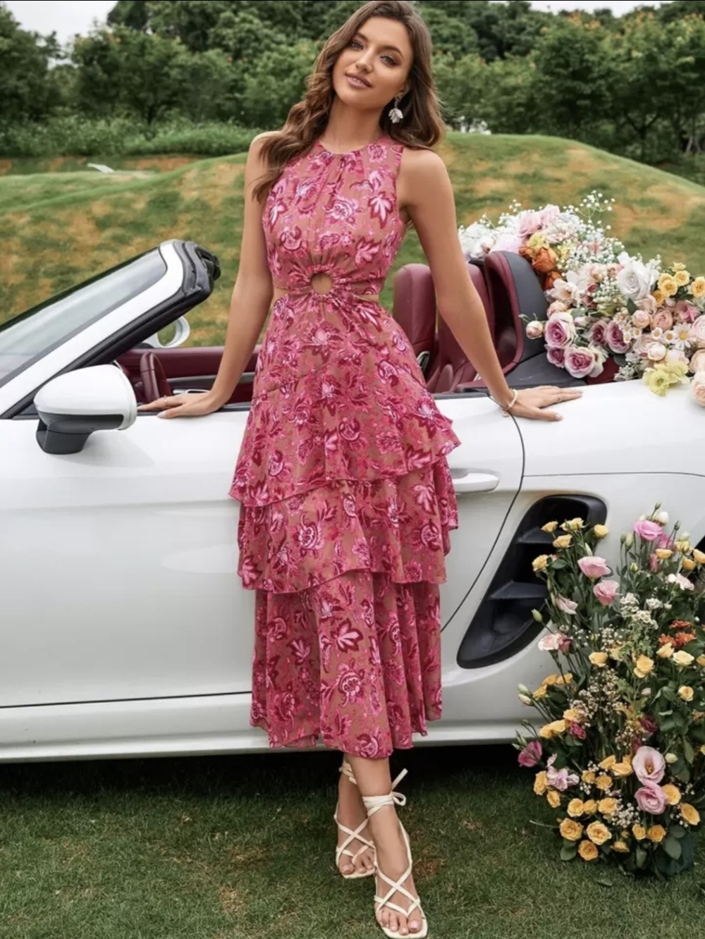 NWT Women’s Pink Floral Tiered Cutout Midi Dress